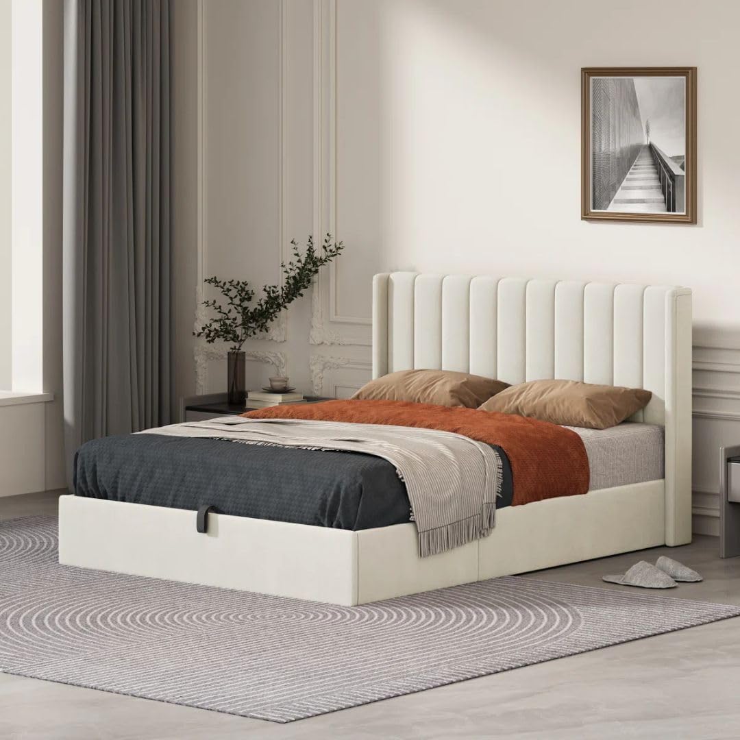 Comfynest Modern Lift Storage Platform Bed with Plush Velvet Wingback Headboard - Hydraulic Under Bed Storage, No Box Spring Needed, Metal Frame (White, 120x200 with Mattress)
